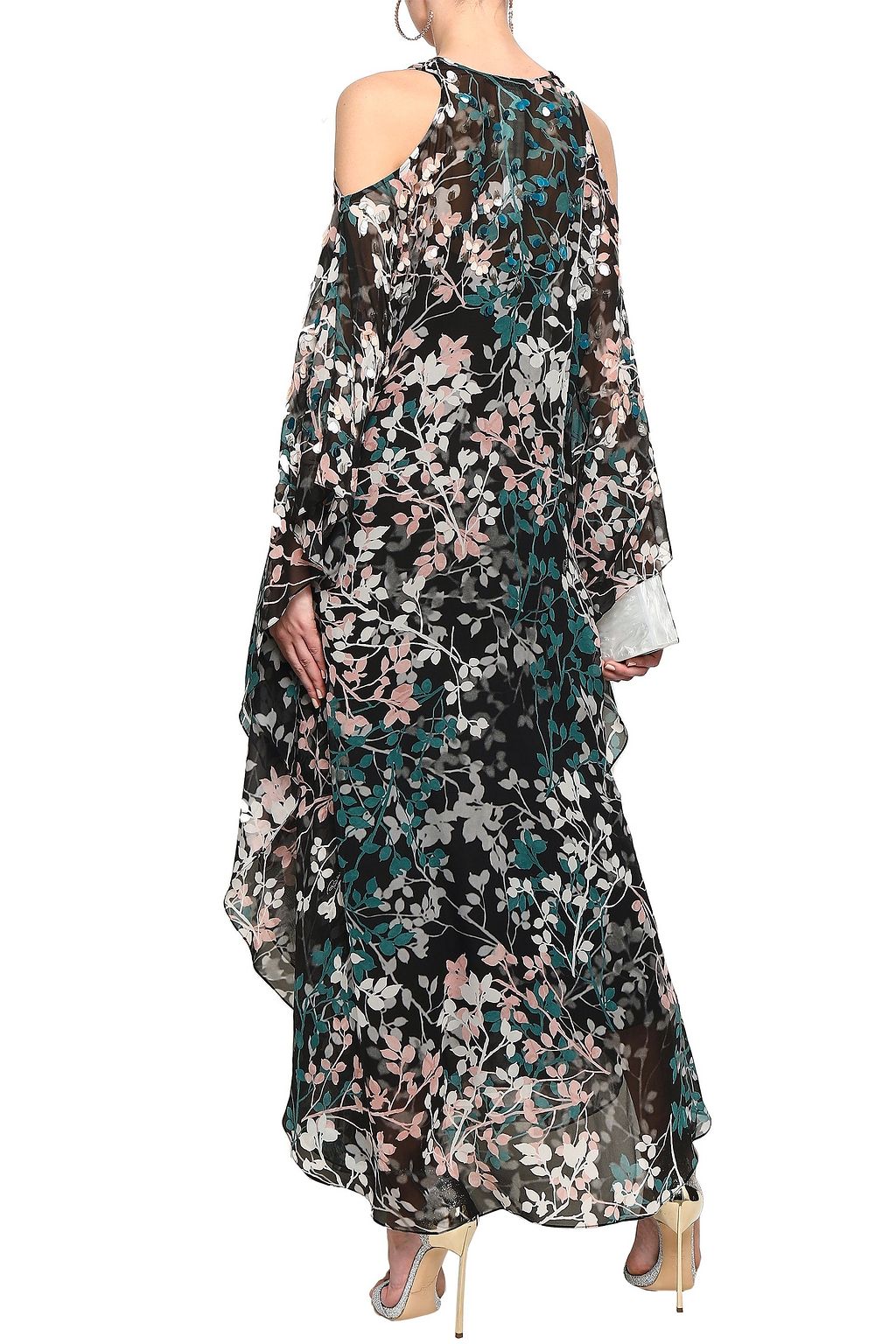 ROBERTO CAVALLI Cold-shoulder embellished floral-print silk-georgette maxi dress
