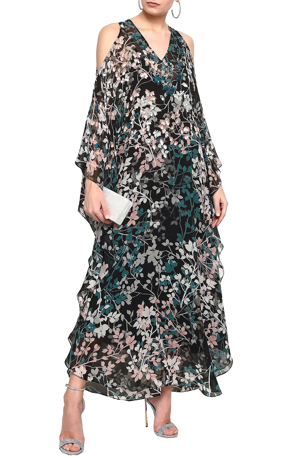 ROBERTO CAVALLI Cold-shoulder embellished floral-print silk-georgette maxi dress