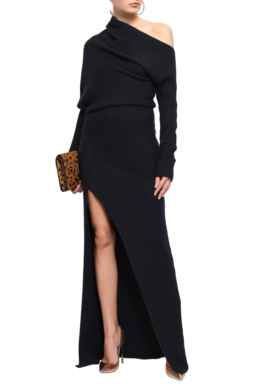 ROBERTO CAVALLI One-shoulder ribbed alpaca, silk and cashmere-blend gown
