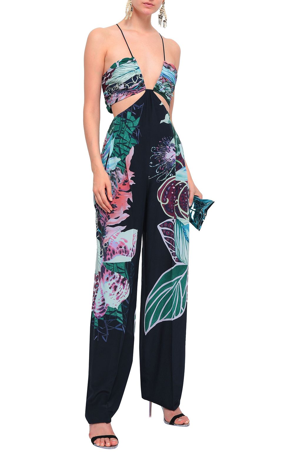 ROBERTO CAVALLI Cutout printed silk crepe de chine jumpsuit