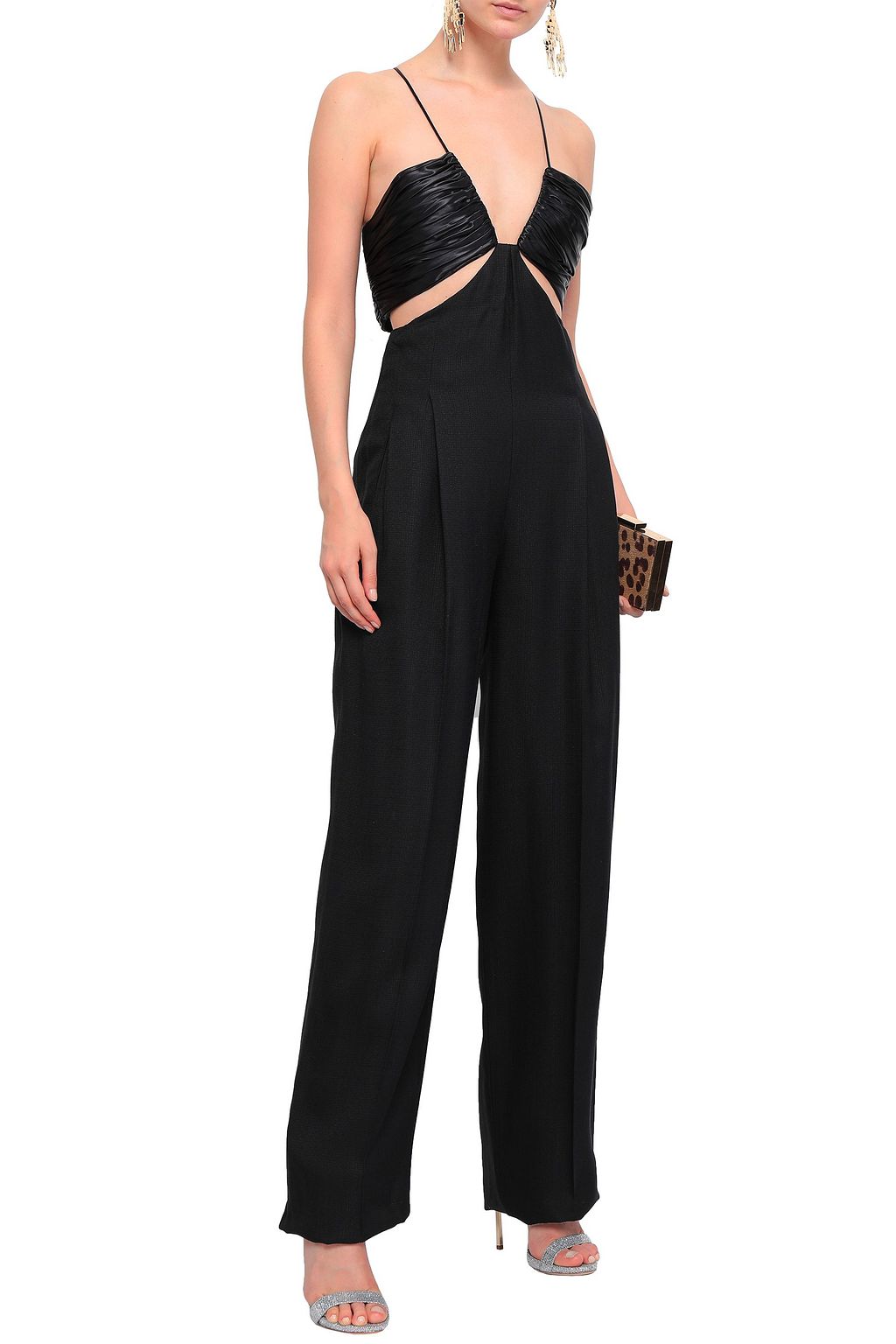 ROBERTO CAVALLI Ruched silk-satin and grain de poudre halterneck jumpsuit