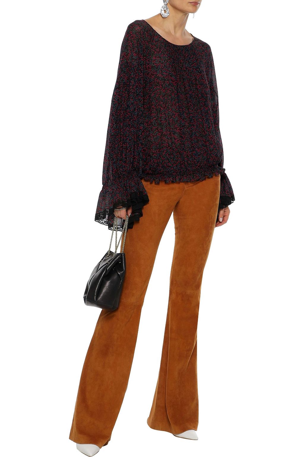 CHLOÉ Lace-trimmed printed cotton and silk-blend georgette blouse