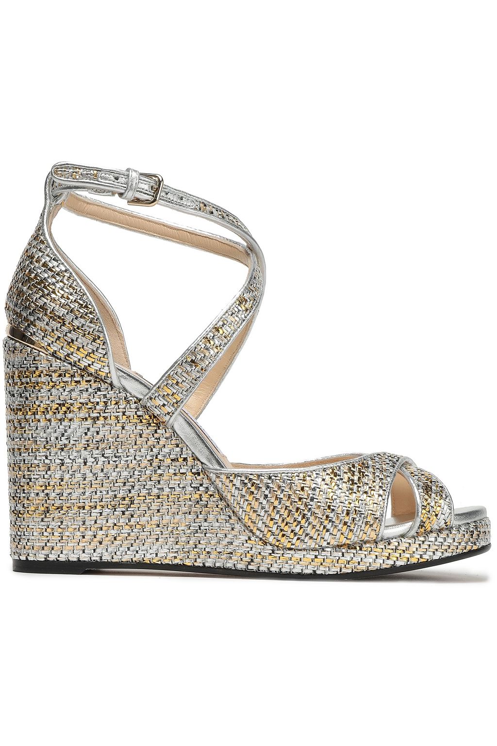 JIMMY CHOO Alanah 105 metallic woven wedge sandals THE OUTNET