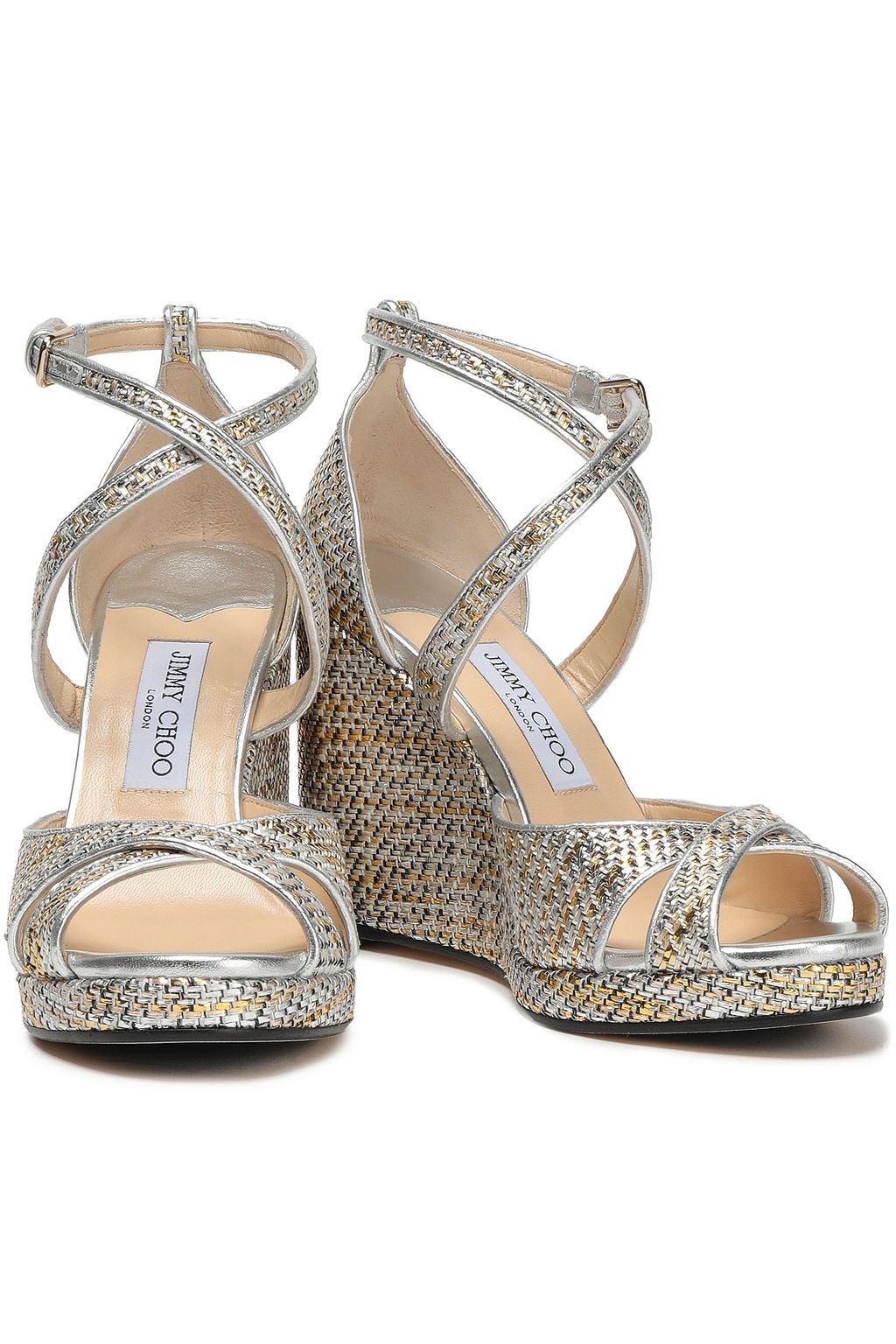 JIMMY CHOO Alanah 105 metallic woven wedge sandals