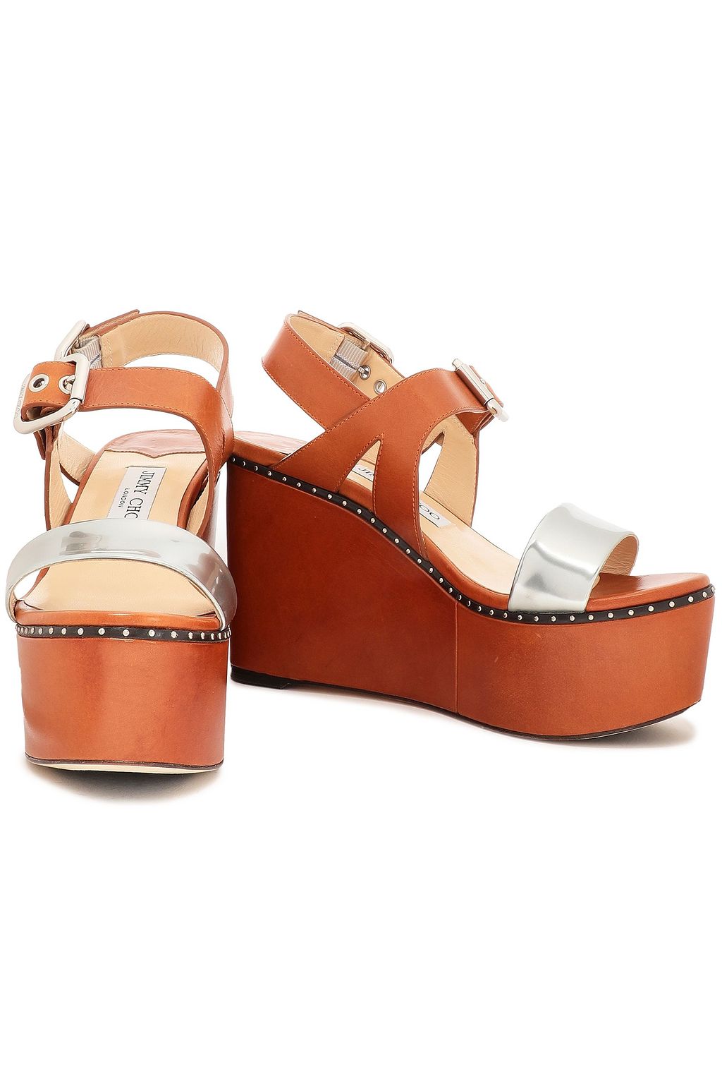 JIMMY CHOO Alton 100 studded metallic and smooth leather platform wedge sandals